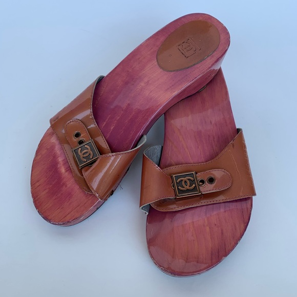 CHANEL Shoes | Chanel Wood Patent Leather Slides | Poshmark